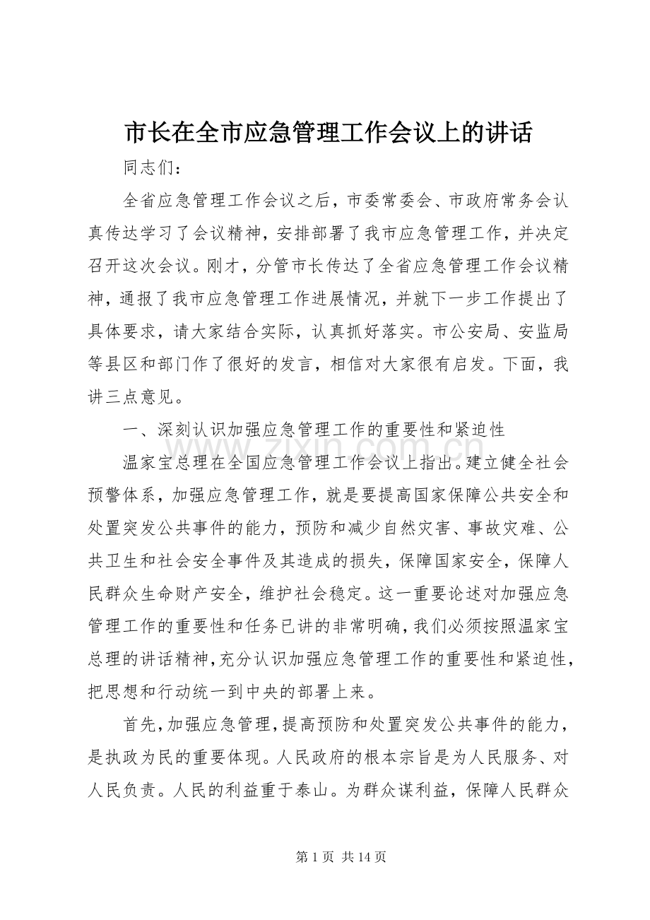 市长在全市应急管理工作会议上的讲话发言.docx_第1页