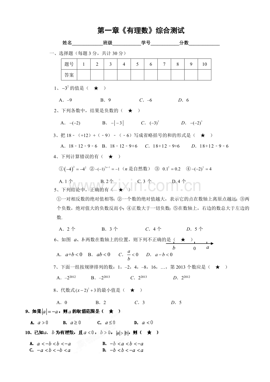 第二章有理数单元测试题.doc_第1页