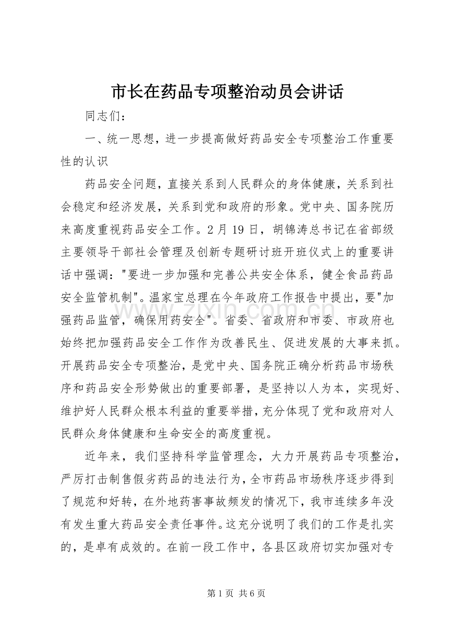 市长在药品专项整治动员会讲话发言.docx_第1页