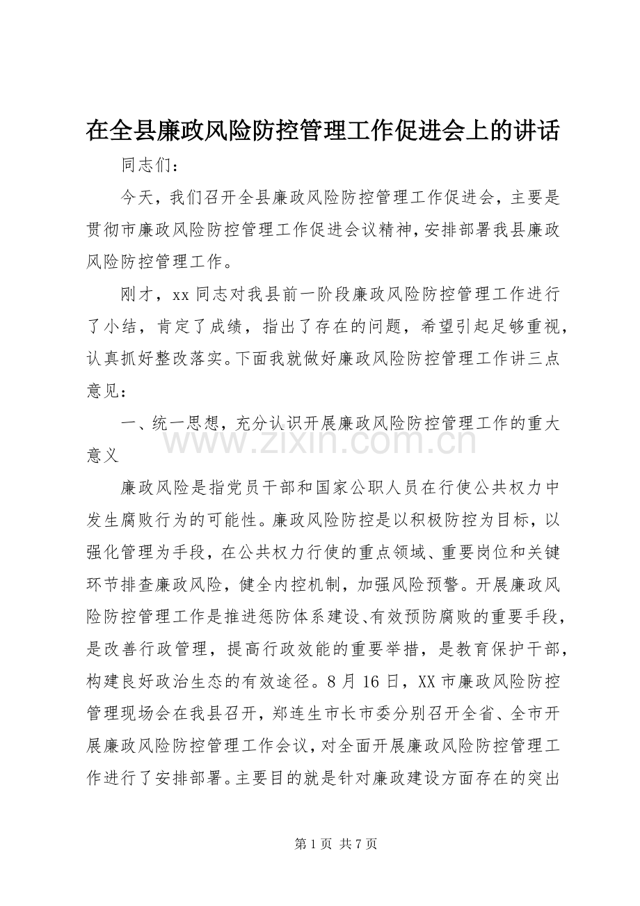 在全县廉政风险防控管理工作促进会上的讲话发言.docx_第1页