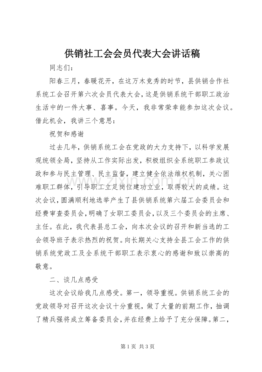 供销社工会会员代表大会的讲话发言稿.docx_第1页