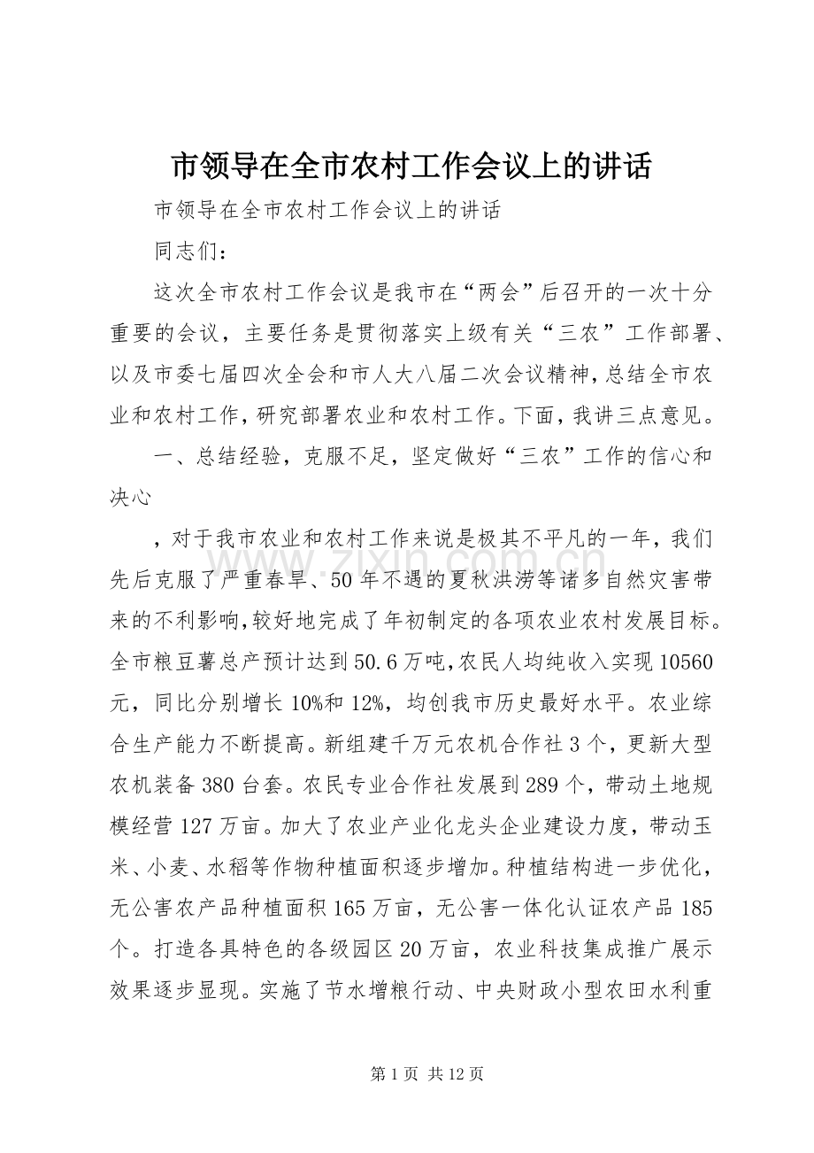 市领导在全市农村工作会议上的讲话发言.docx_第1页