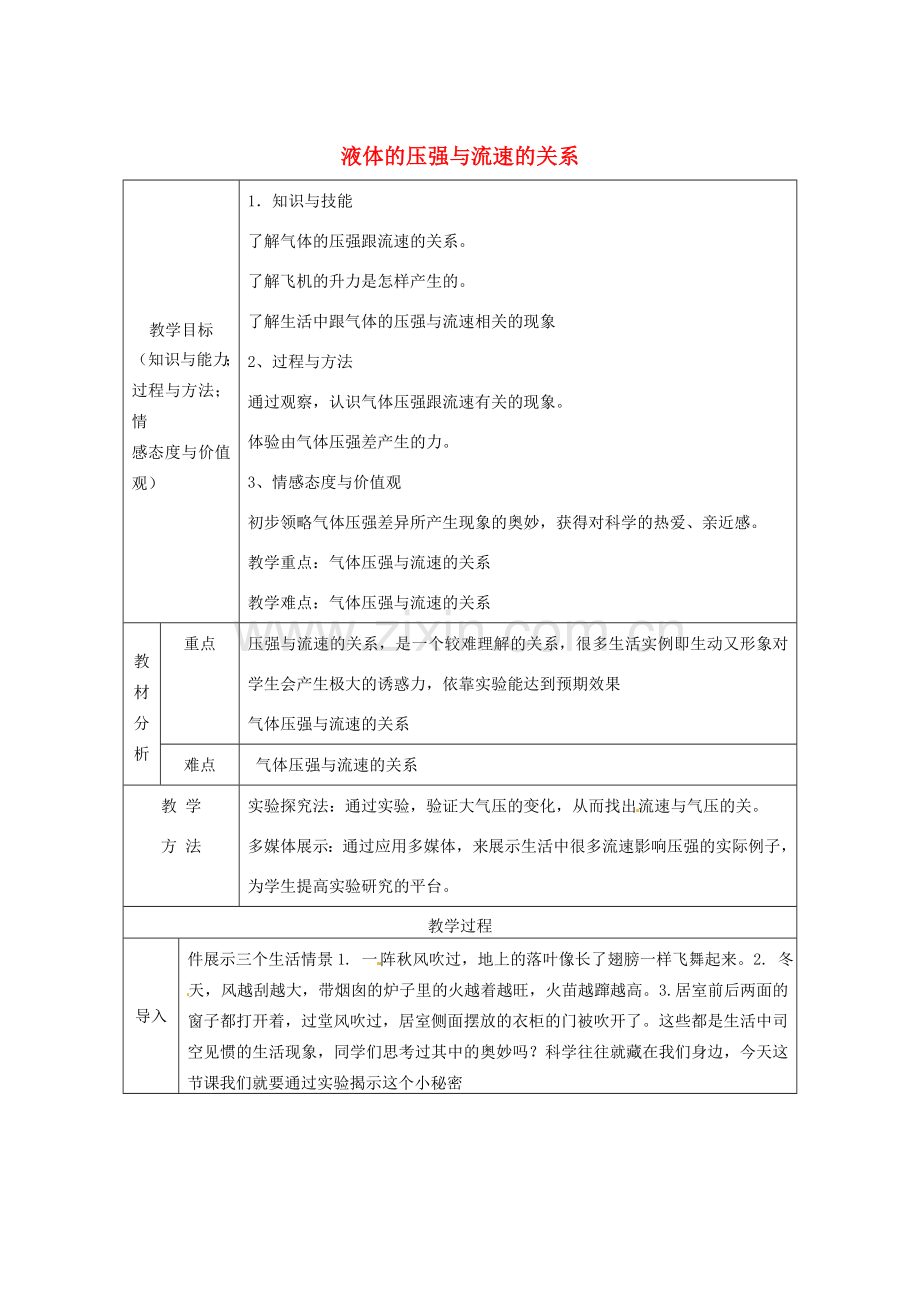 八年级物理下册 第9章 第4节 液体压强与流速的关系教案 （新版）新人教版-（新版）新人教版初中八年级下册物理教案.doc_第1页