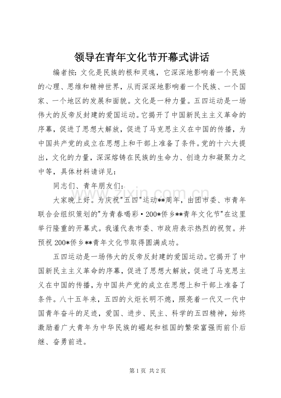 领导在青年文化节开幕式讲话发言.docx_第1页