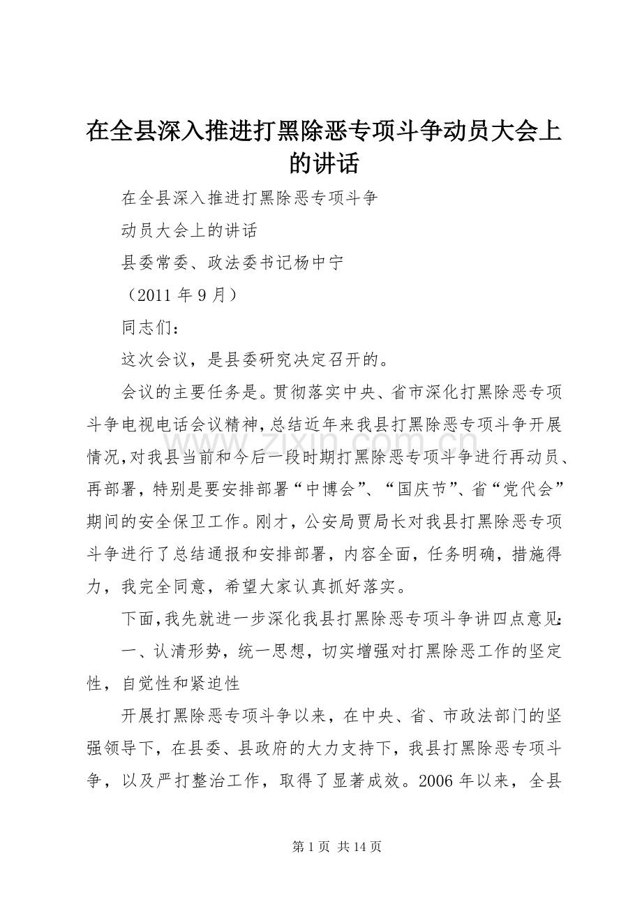 在全县深入推进打黑除恶专项斗争动员大会上的讲话发言.docx_第1页