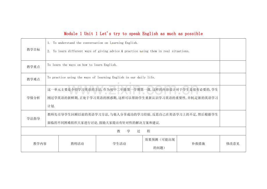 小学八年级英语上册 Module 1 Unit 1 Let's try to speak English as much as possible教案 （新版）外研版-（新版）外研版初中八年级上册英语教案.doc_第1页