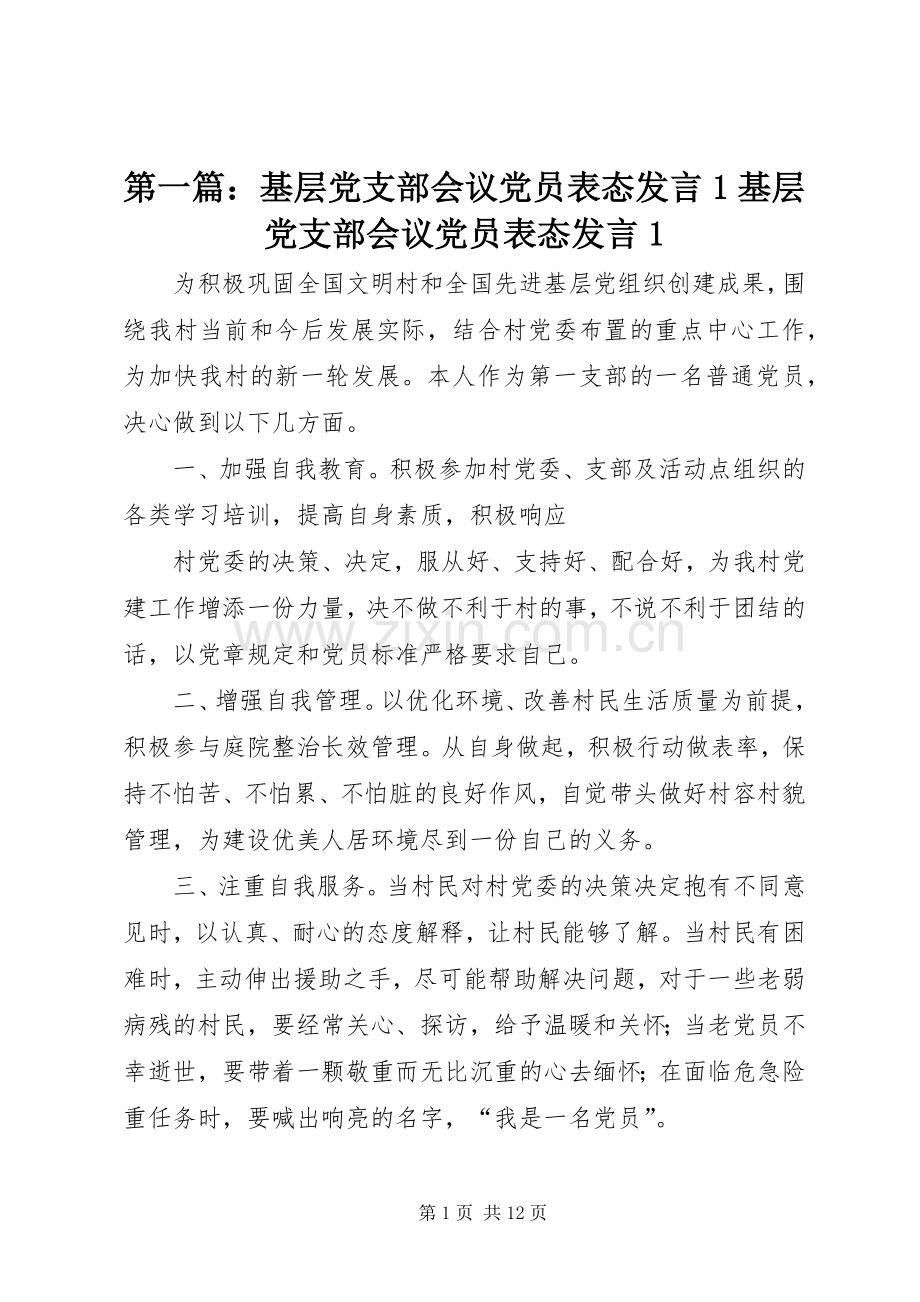 第一篇：基层党支部会议党员表态发言稿1基层党支部会议党员表态发言稿1.docx_第1页