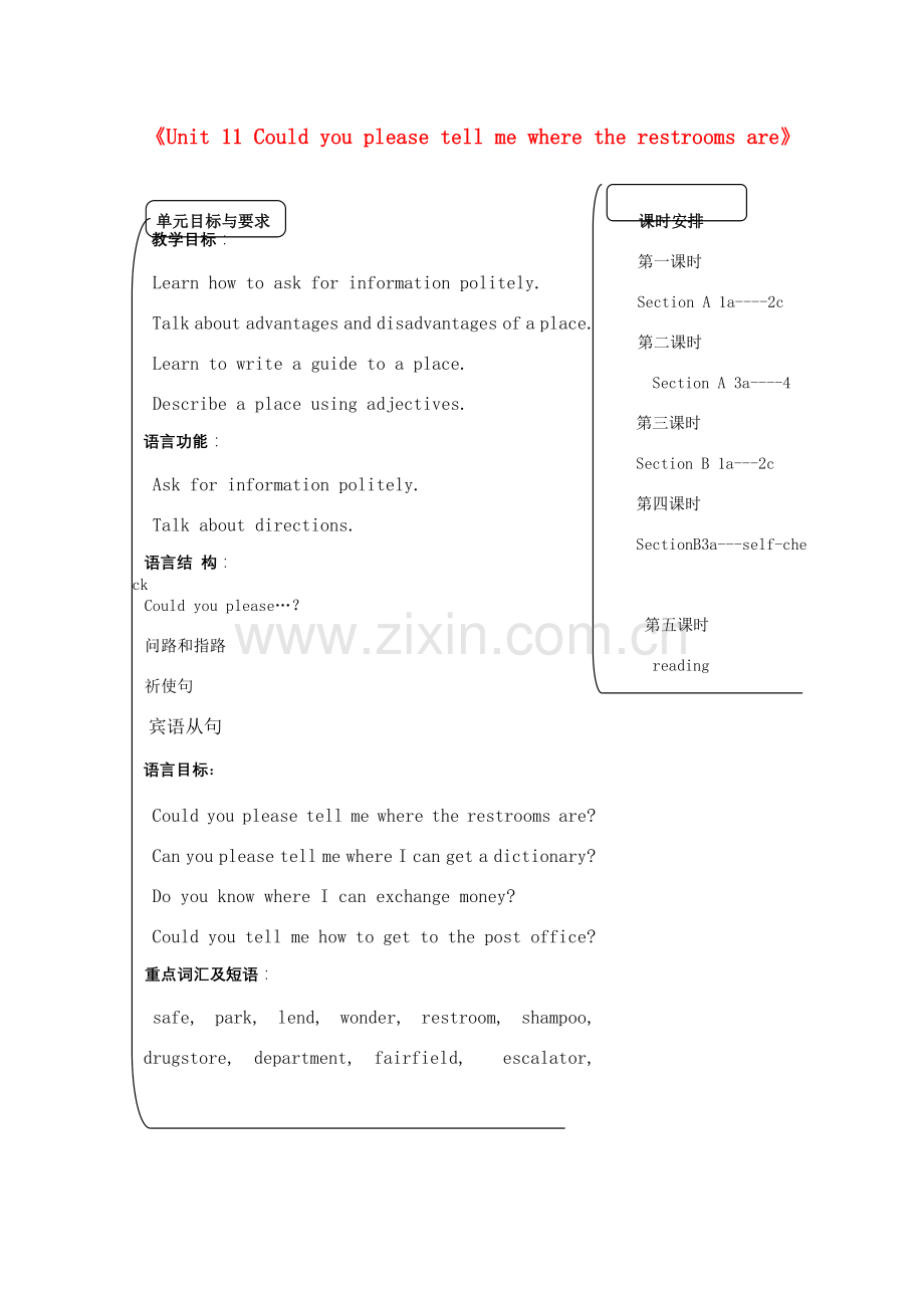 江苏省海门市正余初级中学九年级英语全册《Unit 11 Could you please tell me where the restrooms are》教案 人教新目标版.doc_第1页