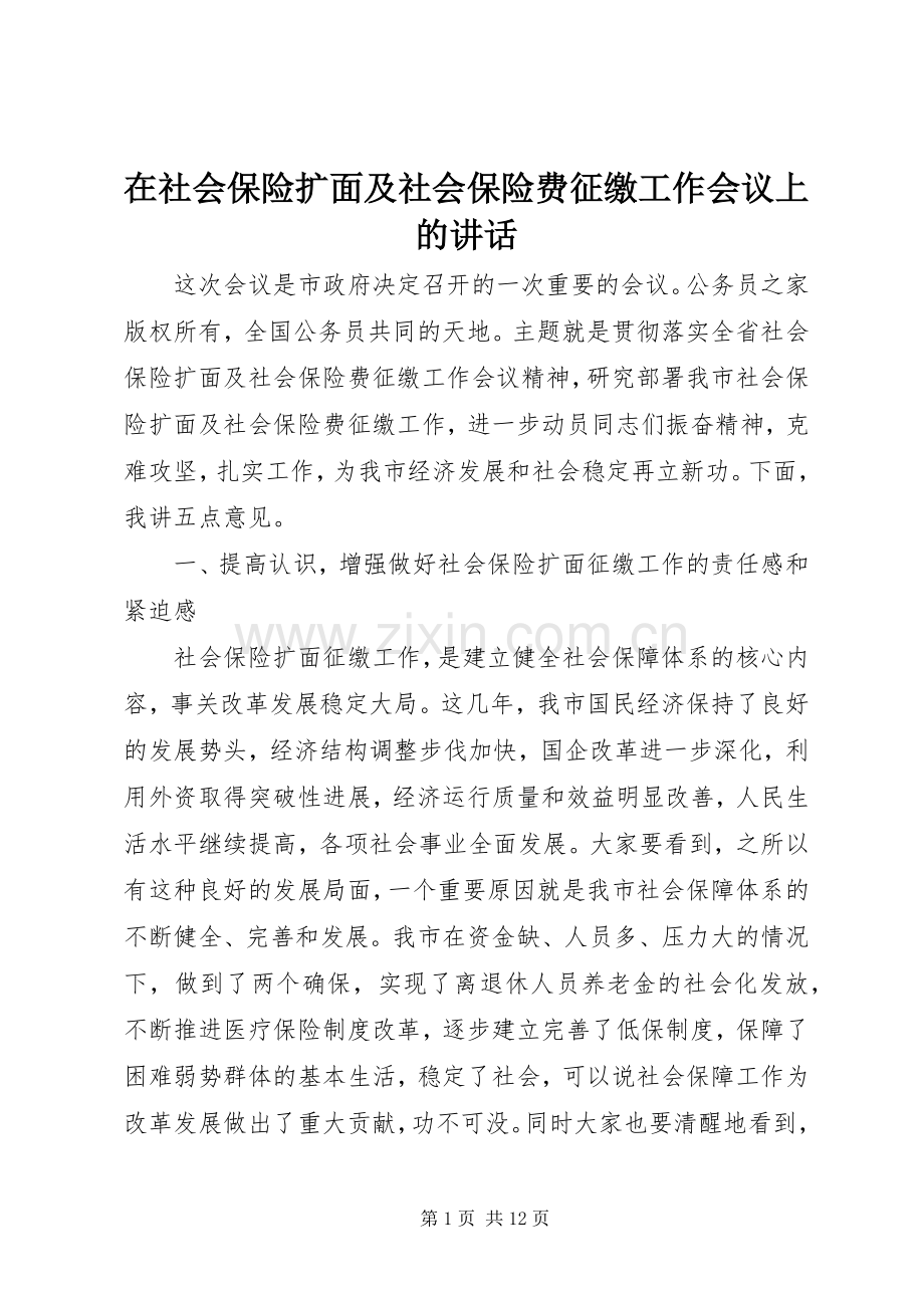 在社会保险扩面及社会保险费征缴工作会议上的讲话发言.docx_第1页