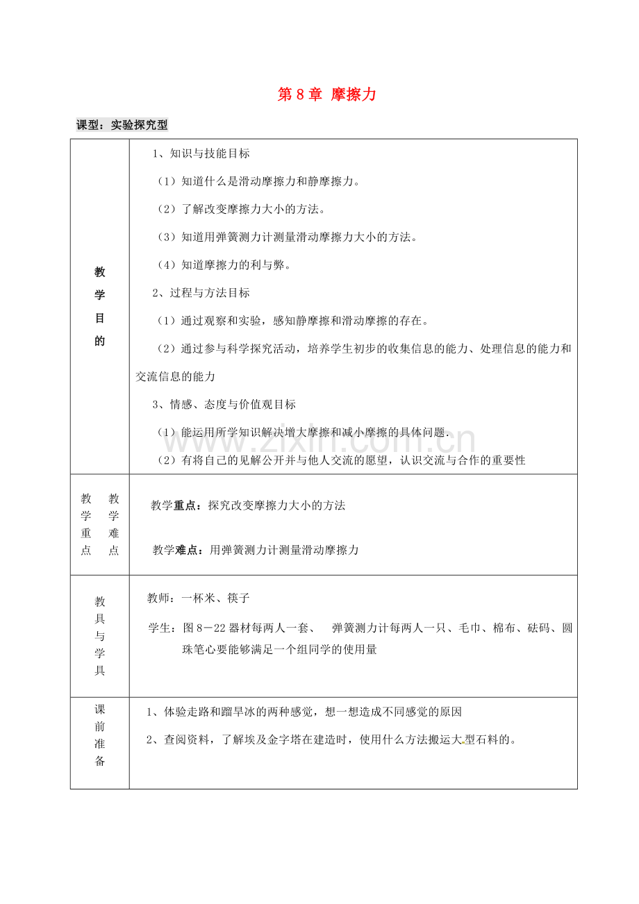 江苏省扬州市仪征月塘中学八年级物理下册 第8章 摩擦力教案2 苏科版.doc_第1页