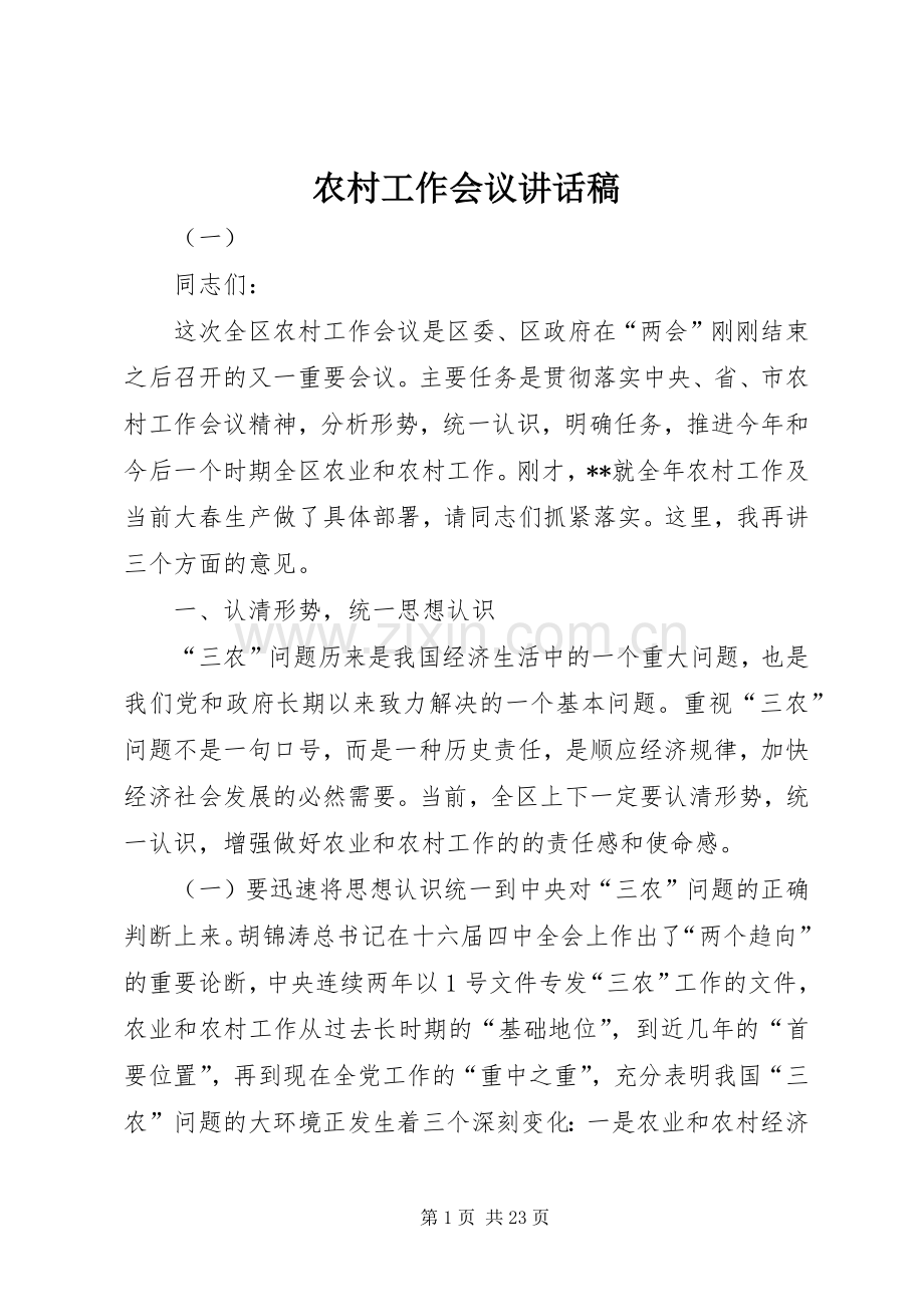 农村工作会议讲话发言稿.docx_第1页