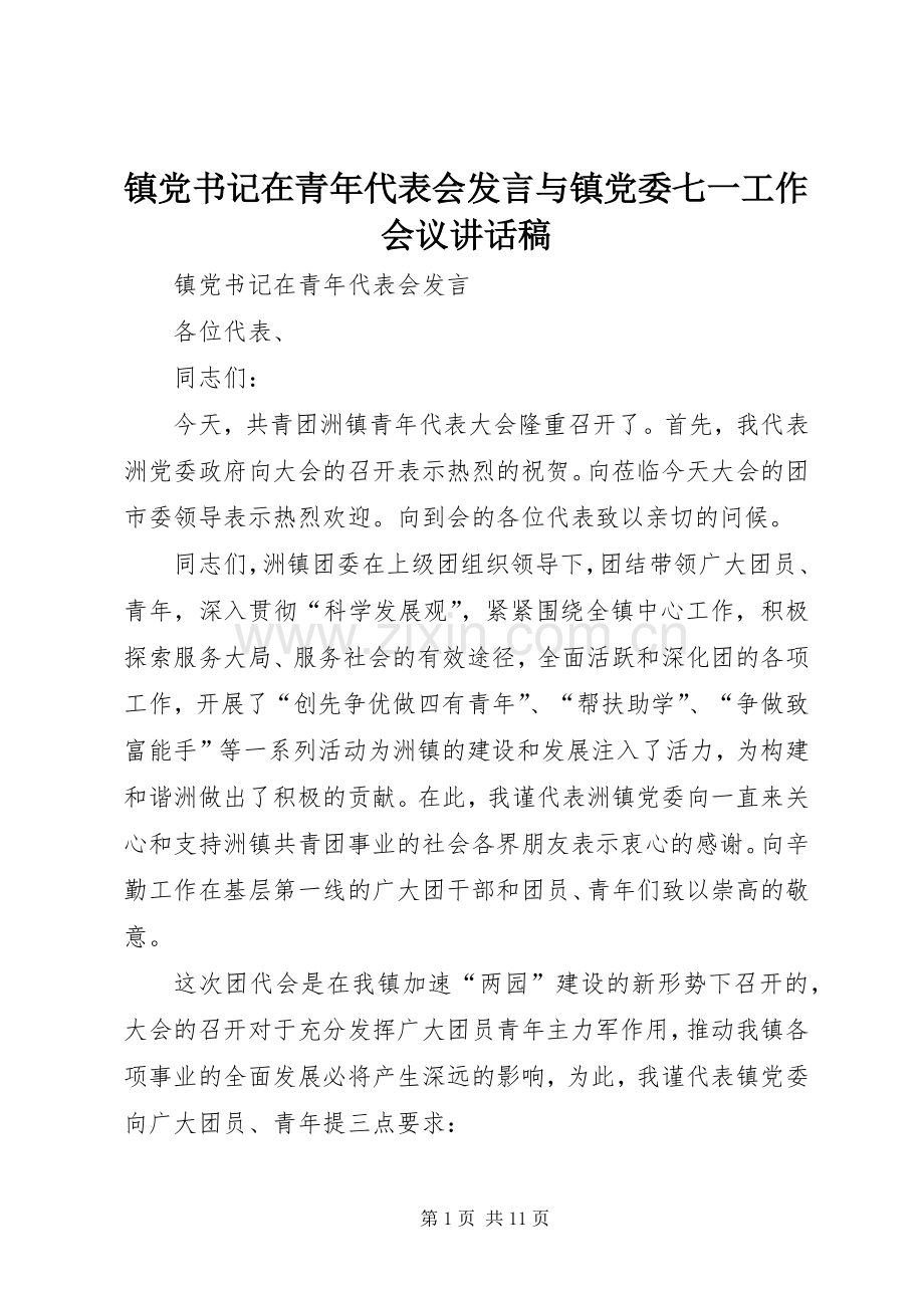 镇党书记在青年代表会发言与镇党委七一工作会议讲话发言稿.docx_第1页