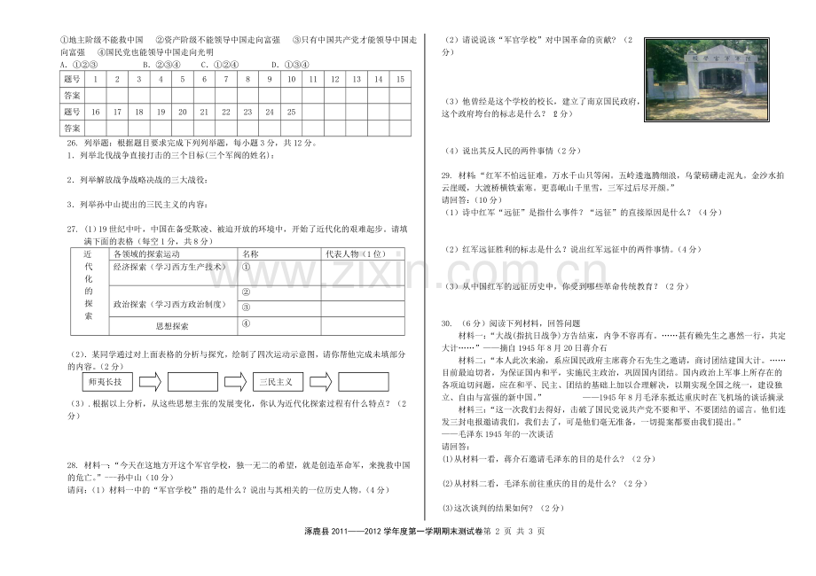 八年级2011-2012学年度第一学期历史期末测试卷.doc_第2页