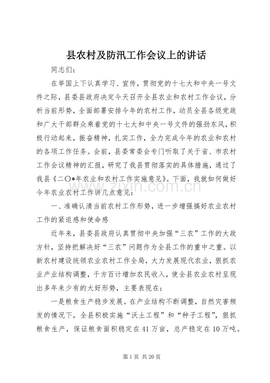 县农村及防汛工作会议上的讲话发言.docx_第1页