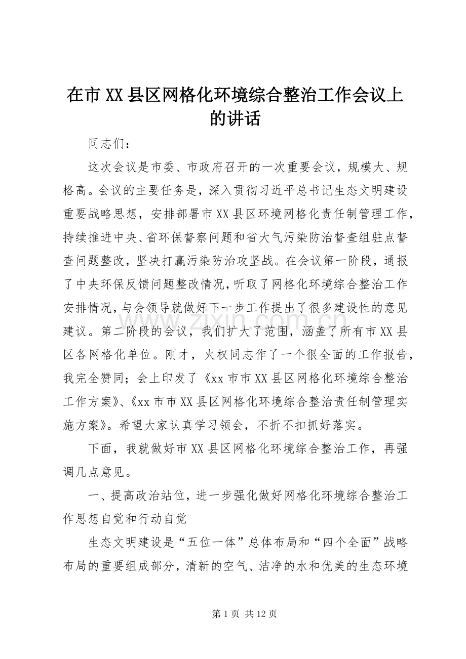 在市XX县区网格化环境综合整治工作会议上的讲话发言.docx_第1页