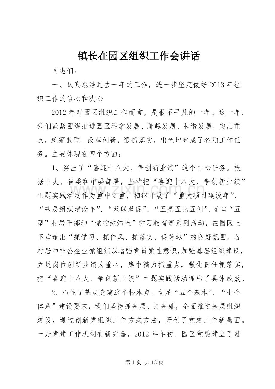 镇长在园区组织工作会讲话发言.docx_第1页