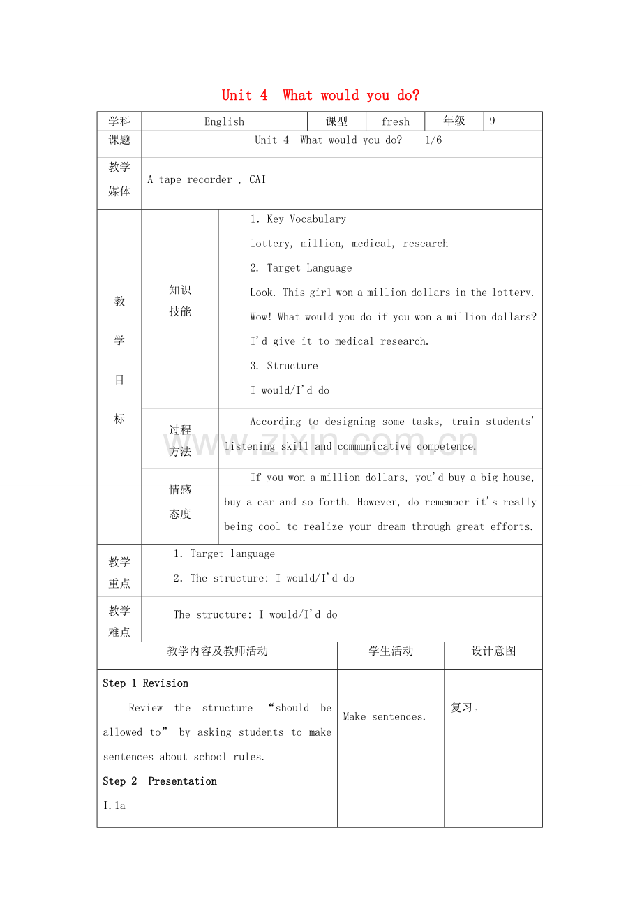 九年级英语全册 Unit 4 What would you do教案 人教新目标版-人教新目标版初中九年级全册英语教案.doc_第1页