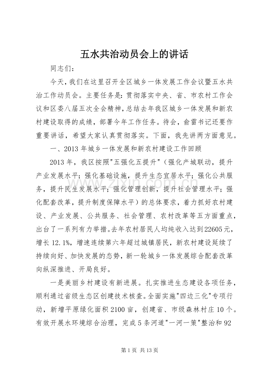 五水共治动员会上的讲话发言.docx_第1页