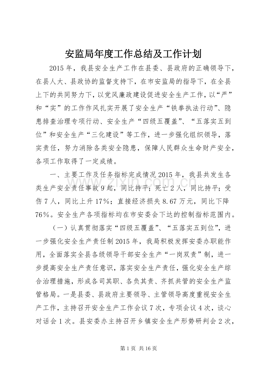 安监局年度工作总结及工作计划.docx_第1页