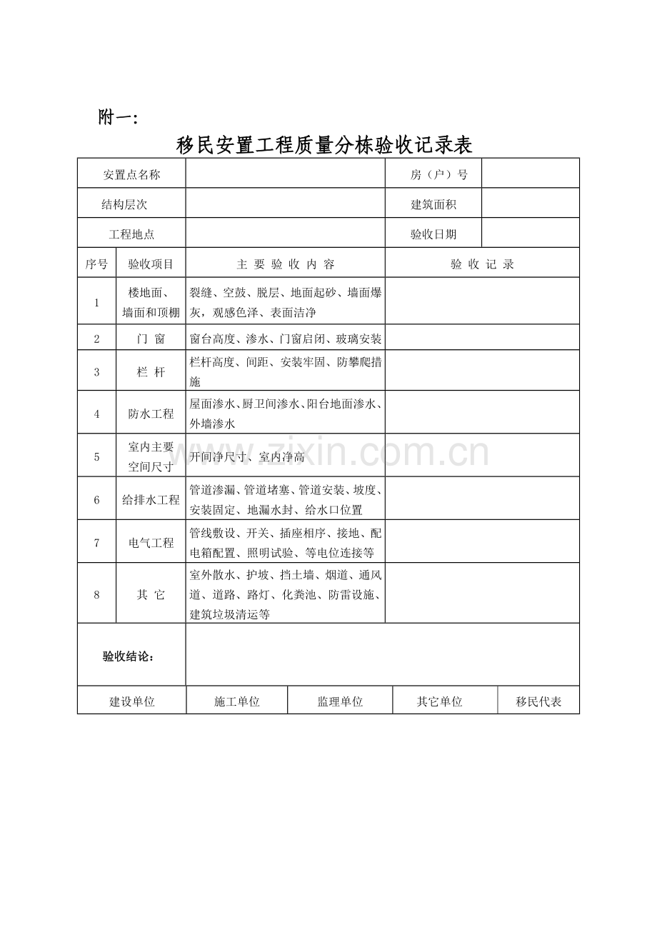 移民安置工程质量分栋验收记录表doc-南水北调工程征地移.docx_第1页