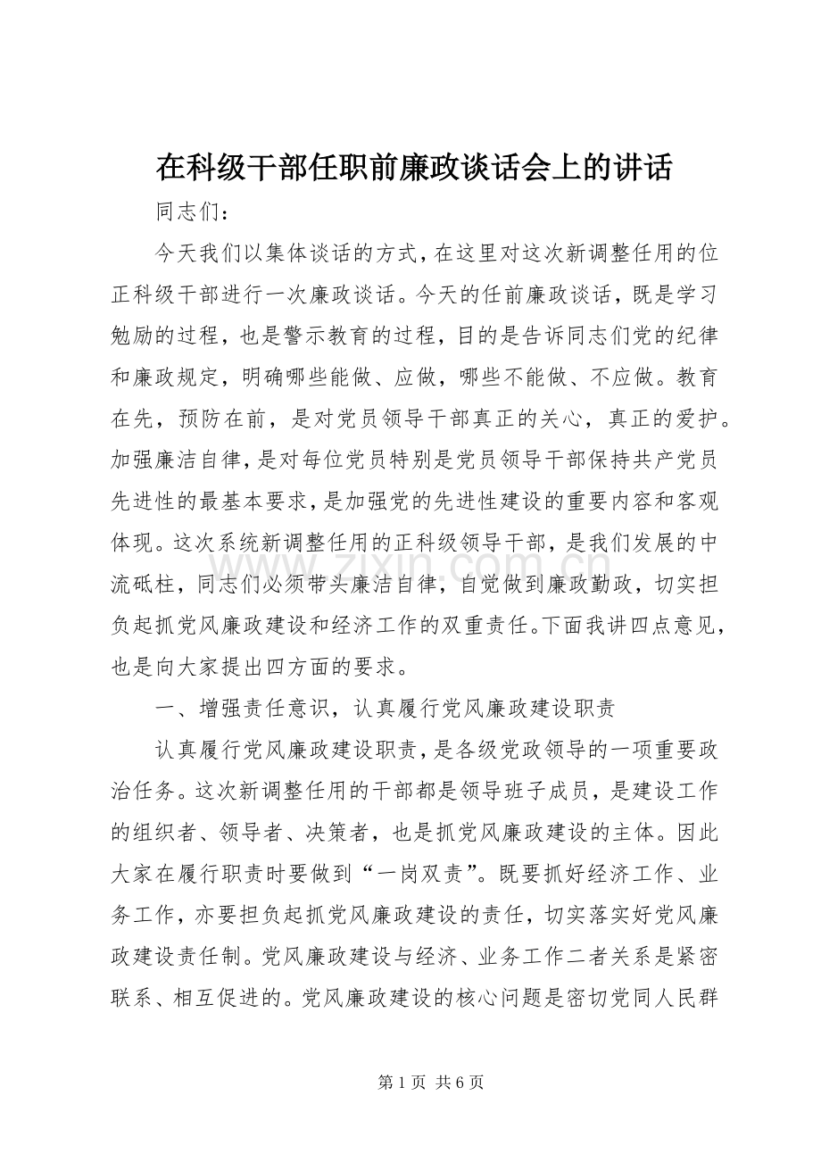 在科级干部任职前廉政谈话会上的讲话发言.docx_第1页