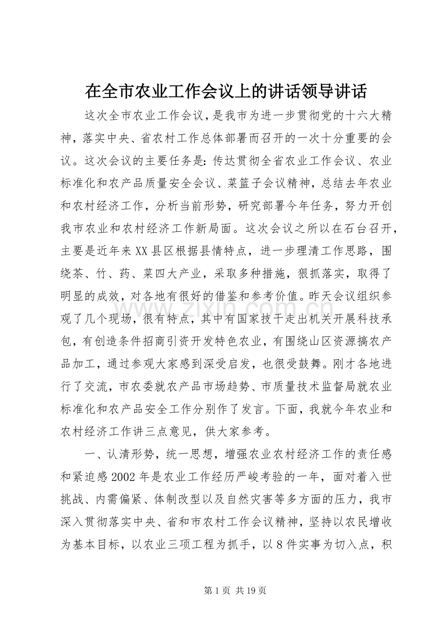 在全市农业工作会议上的讲话发言领导讲话发言.docx_第1页