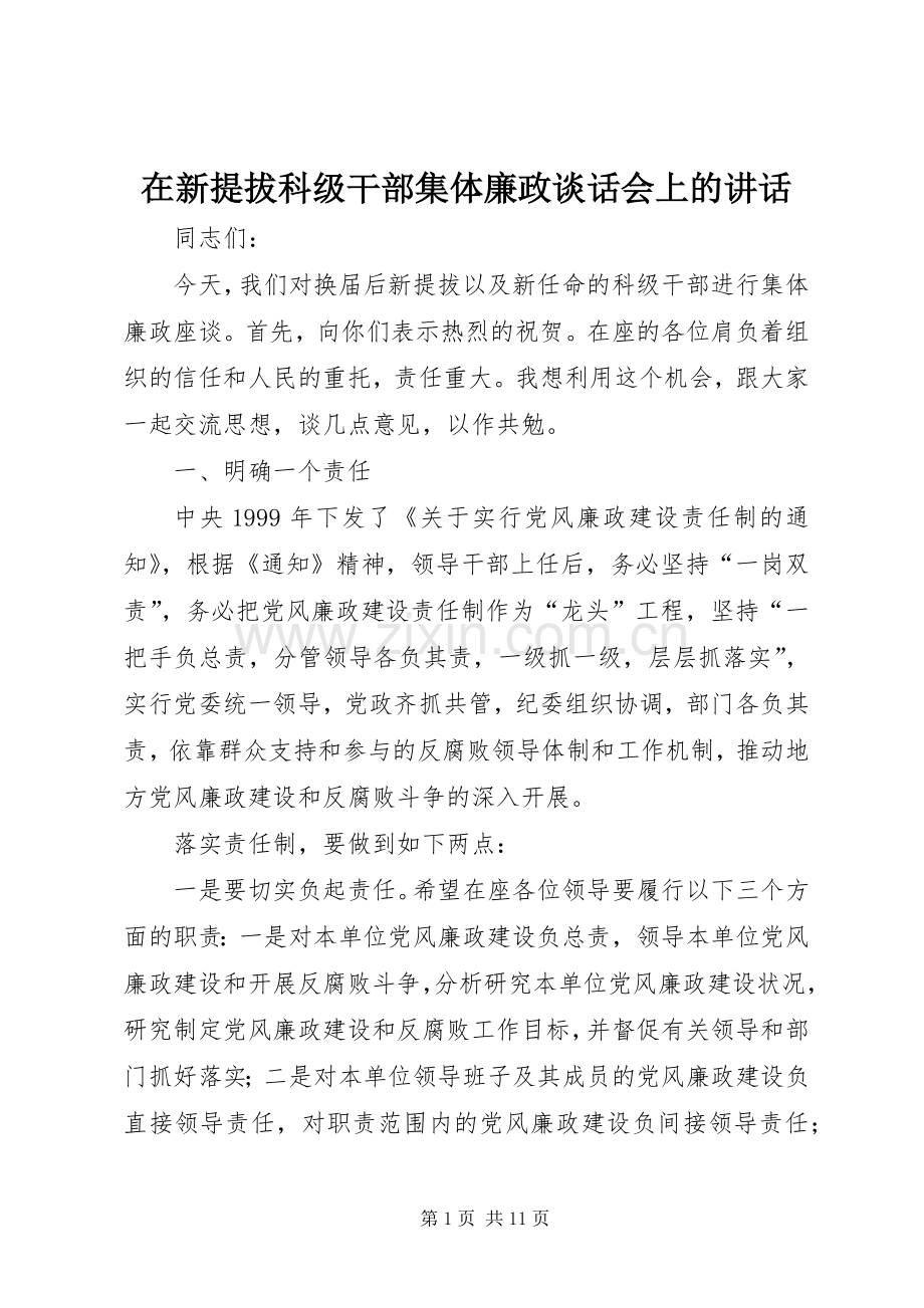 在新提拔科级干部集体廉政谈话会上的讲话发言.docx_第1页