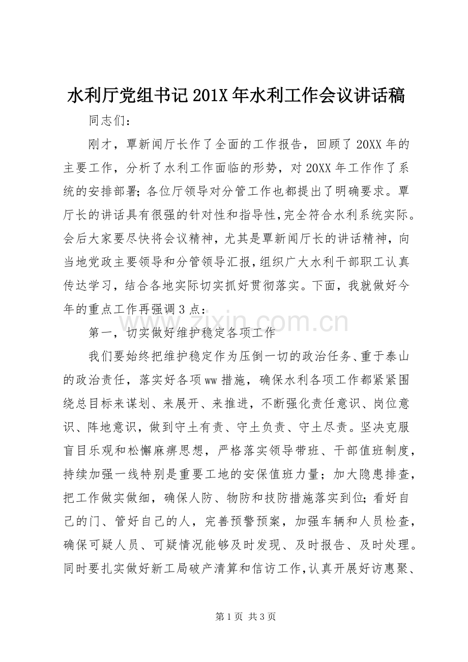 水利厅党组书记201X年水利工作会议讲话发言稿.docx_第1页