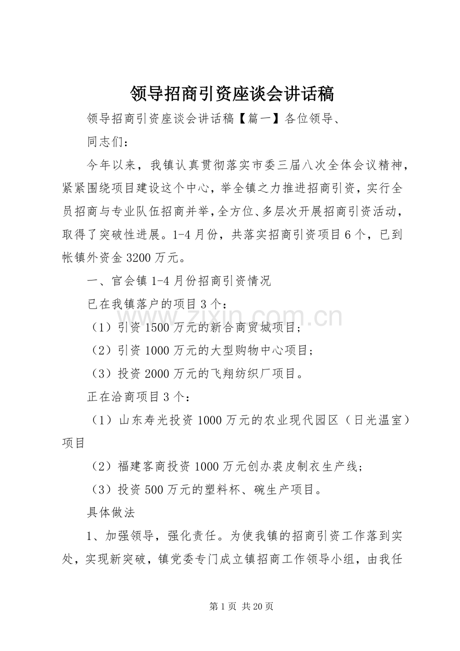 领导招商引资座谈会讲话发言稿.docx_第1页