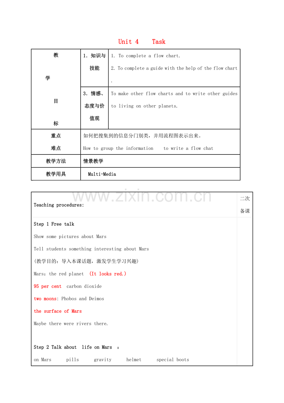 九年级英语下册 Unit 4 Life on Mars Task教学设计 （新版）牛津版-（新版）牛津版初中九年级下册英语教案.doc_第1页