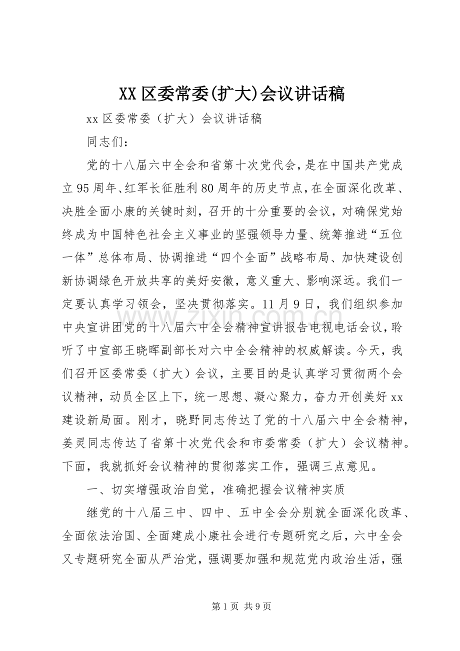 XX区委常委(扩大)会议讲话发言稿.docx_第1页