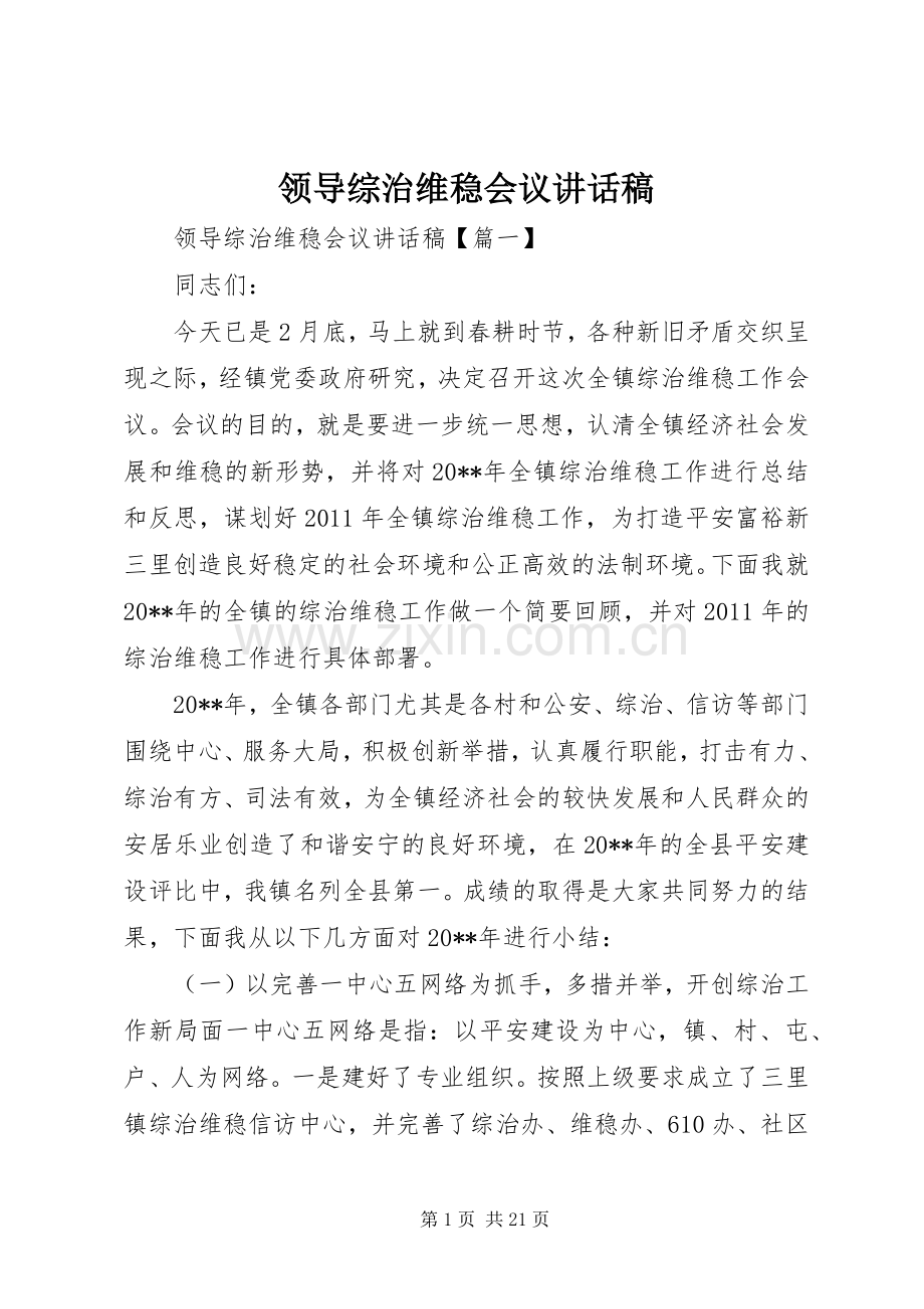 领导综治维稳会议讲话发言稿.docx_第1页