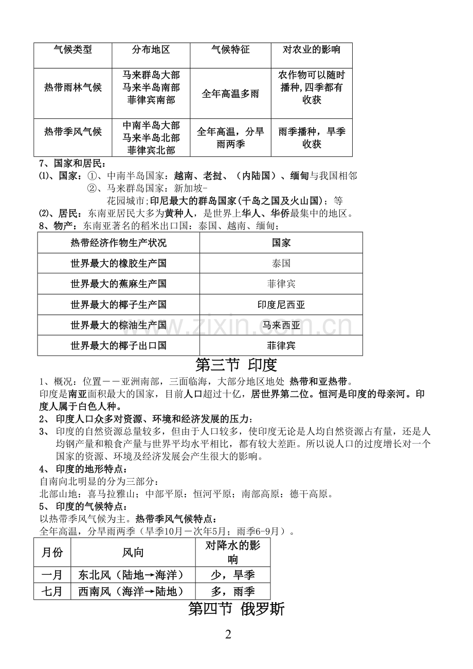 人教版七年级地理下册知识点复习提纲.doc_第2页