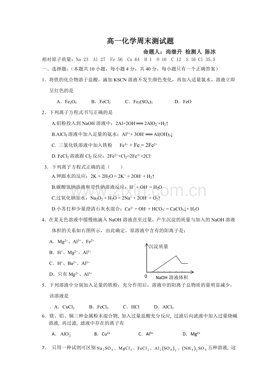 高一化学周末测试题20121218.doc_第1页