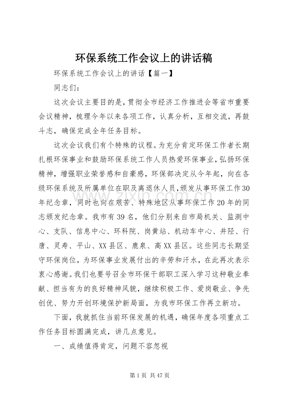 环保系统工作会议上的讲话发言稿.docx_第1页