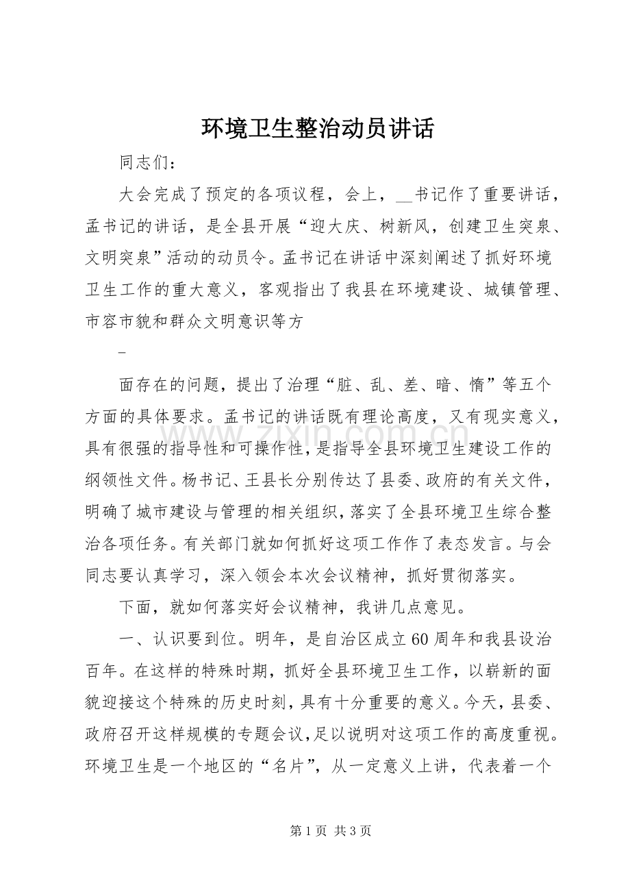 环境卫生整治动员讲话发言_1.docx_第1页