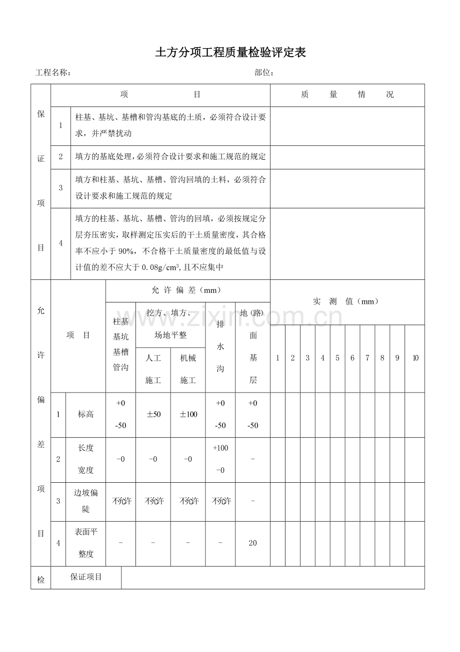 土方分项工程质量检验评定表.docx_第1页