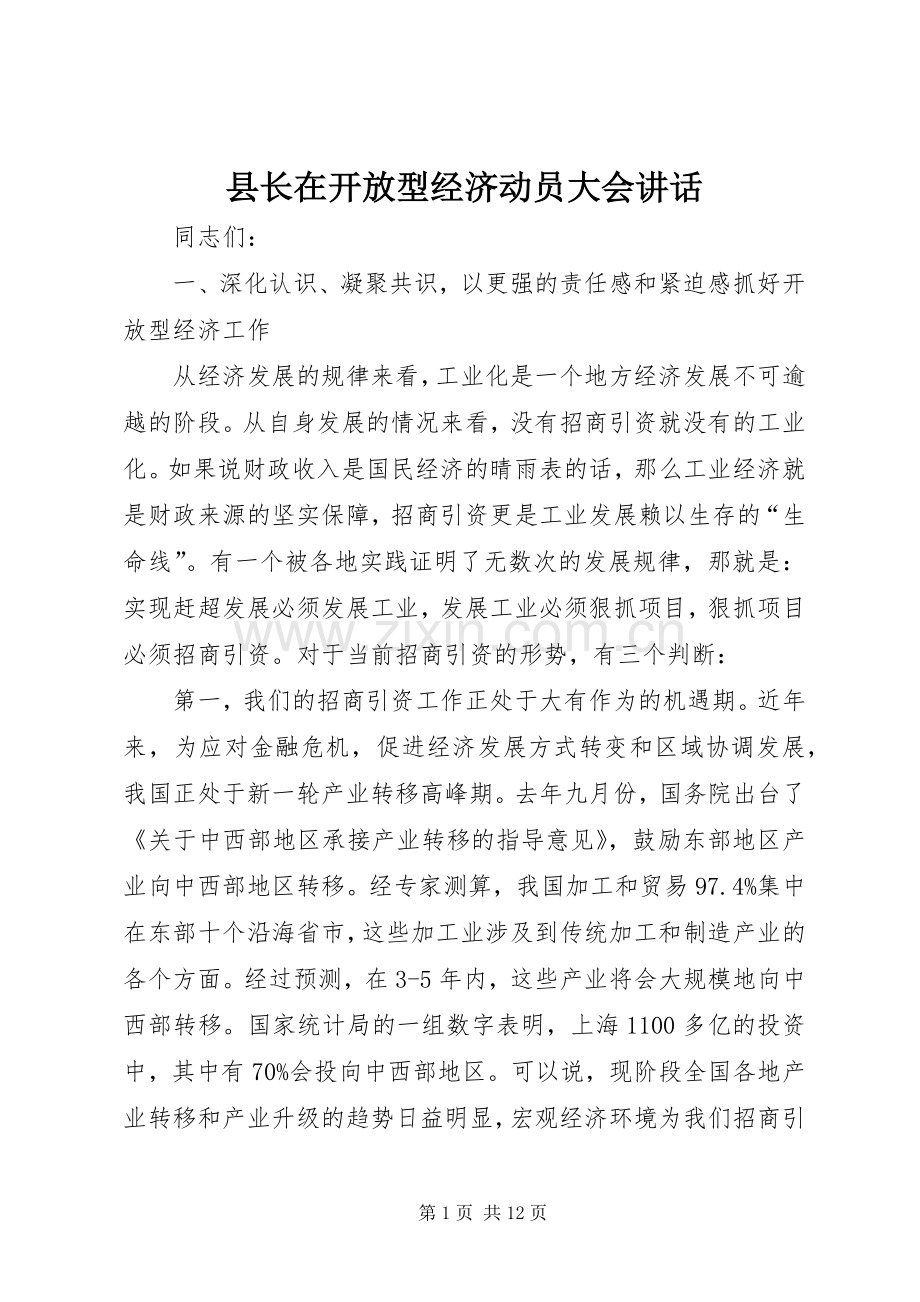 县长在开放型经济动员大会讲话发言.docx_第1页