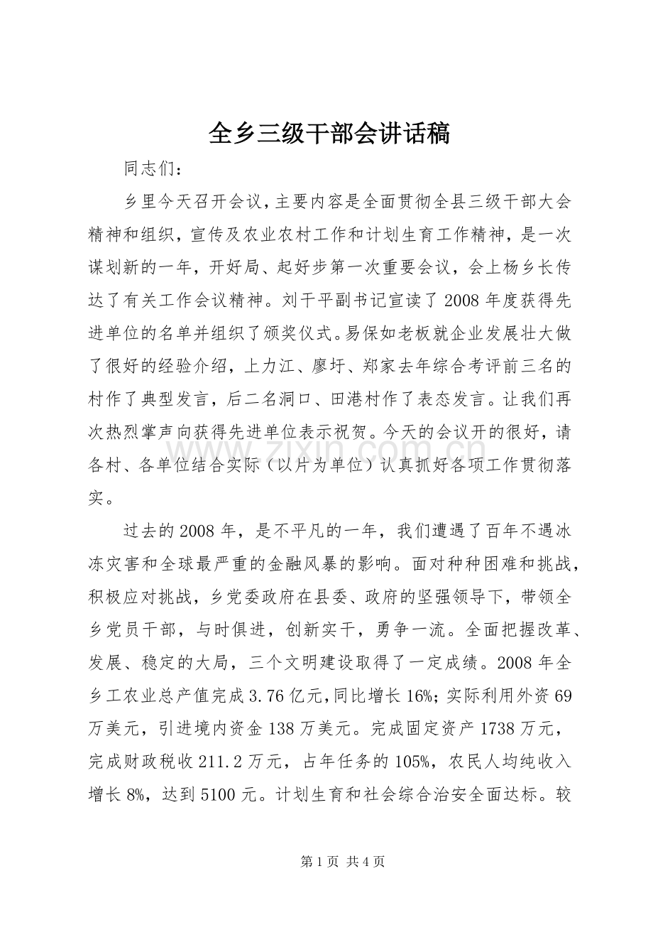 全乡三级干部会讲话发言稿.docx_第1页