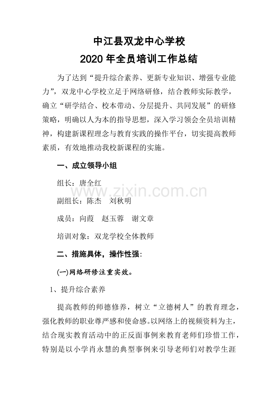 中江县双龙中心学校2019全员培训工作总结.docx_第1页