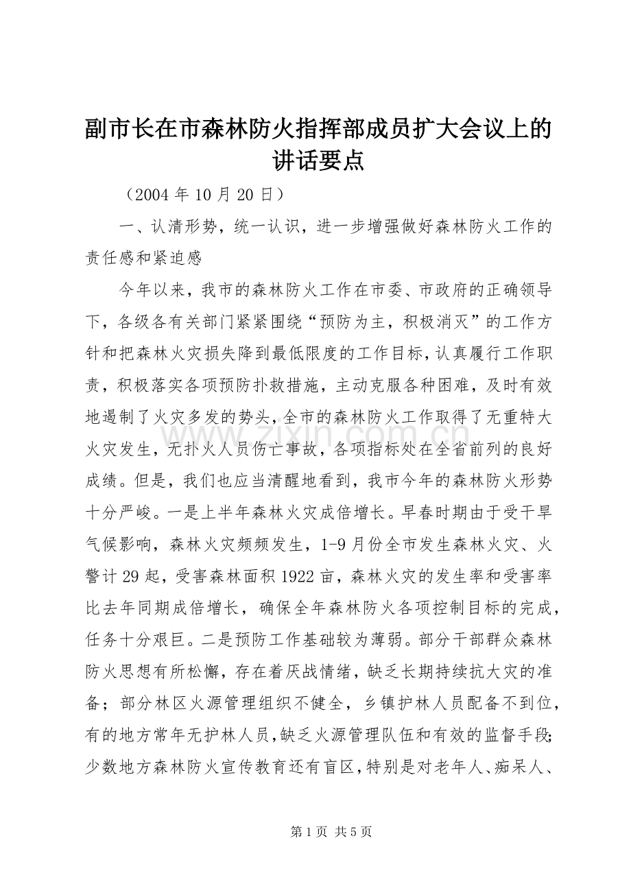 副市长在市森林防火指挥部成员扩大会议上的讲话发言要点.docx_第1页