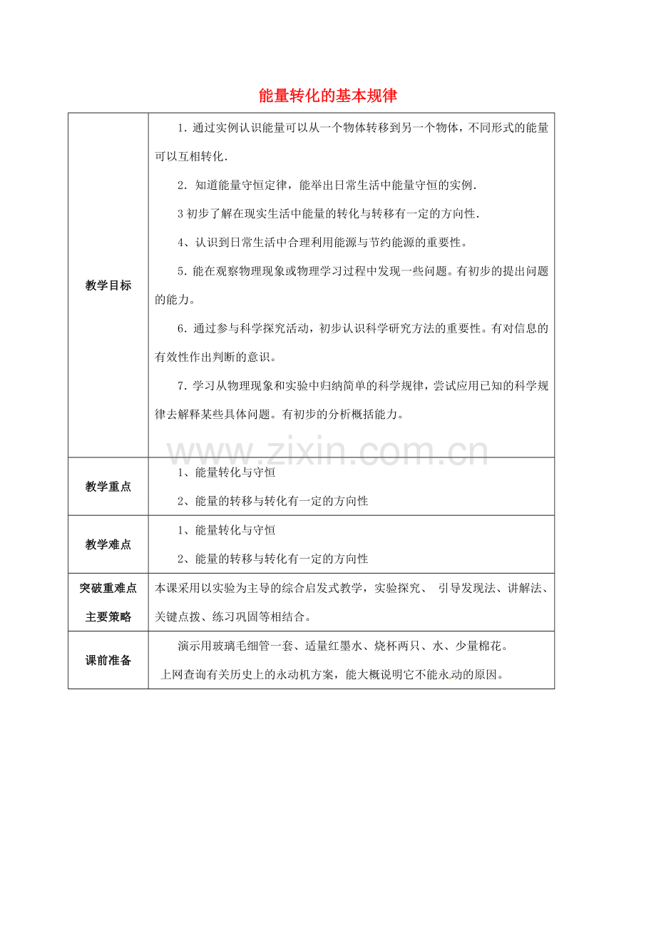 江苏省宿迁市泗洪县九年级物理下册 18.4 能量转化的基本规律教案 （新版）苏科版-（新版）苏科版初中九年级下册物理教案.doc_第1页