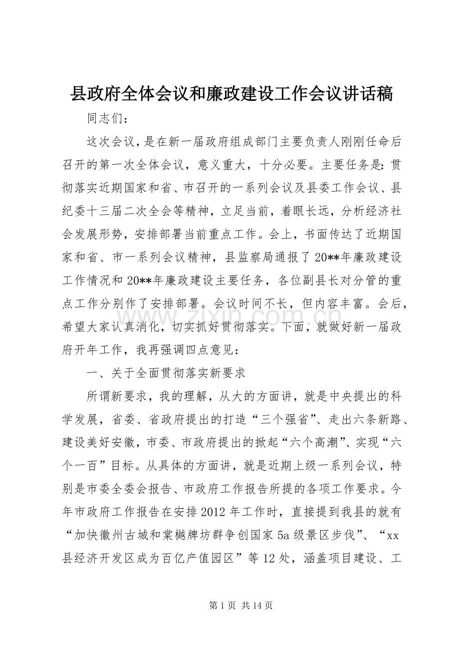 县政府全体会议和廉政建设工作会议讲话发言稿.docx_第1页