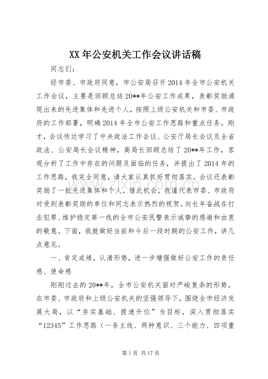 XX年公安机关工作会议讲话发言稿.docx_第1页