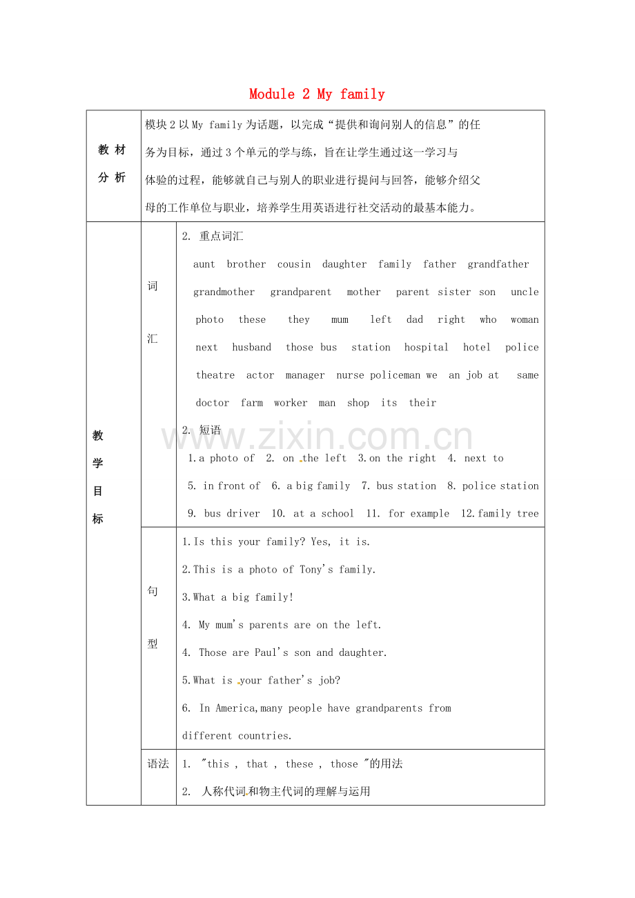 七年级英语上册 Module 2 My Family教案 （新版）外研版.doc_第1页