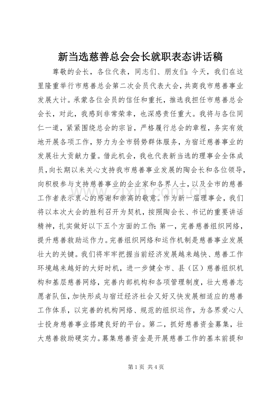 新当选慈善总会会长就职表态讲话发言稿.docx_第1页