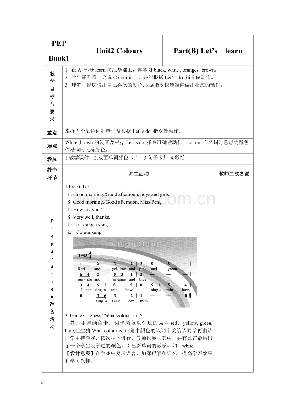 三年级英语上Unit2ColoursPart【B】Let’slearn教学设计.doc_第1页