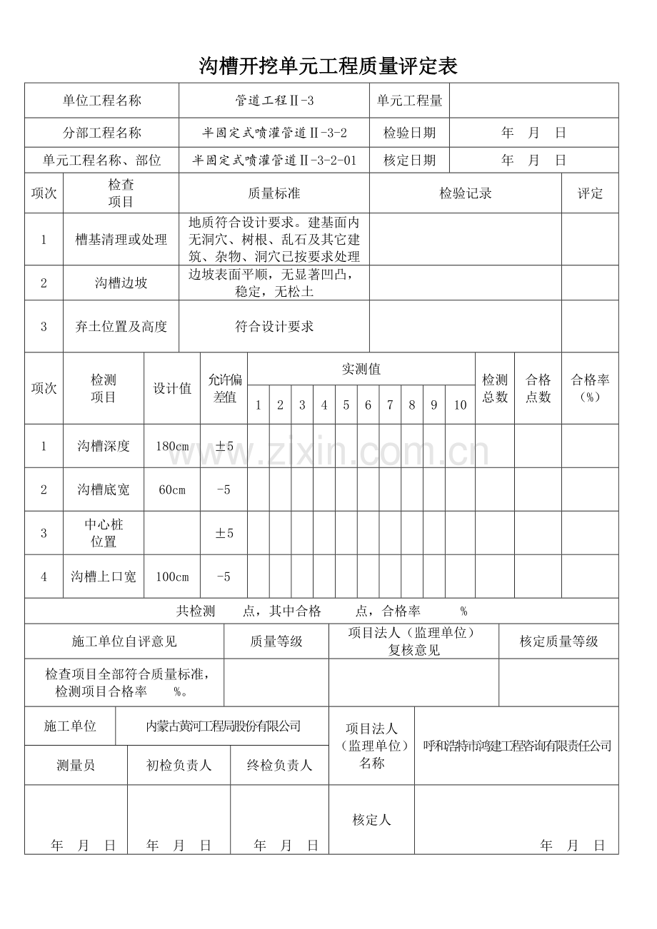 沟槽开挖单元工程质量评定表(半固定式).docx_第1页