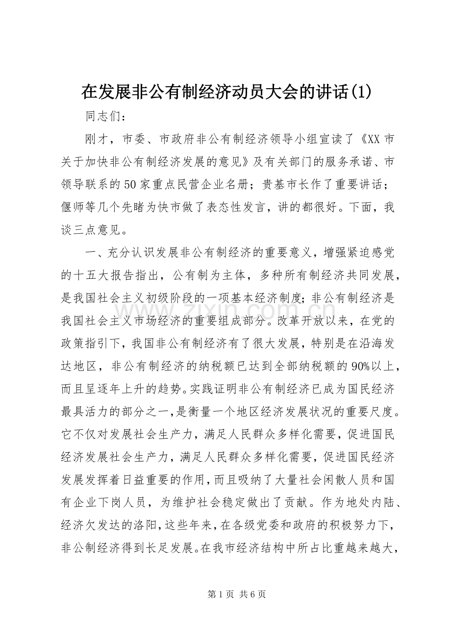 在发展非公有制经济动员大会的讲话发言(1).docx_第1页