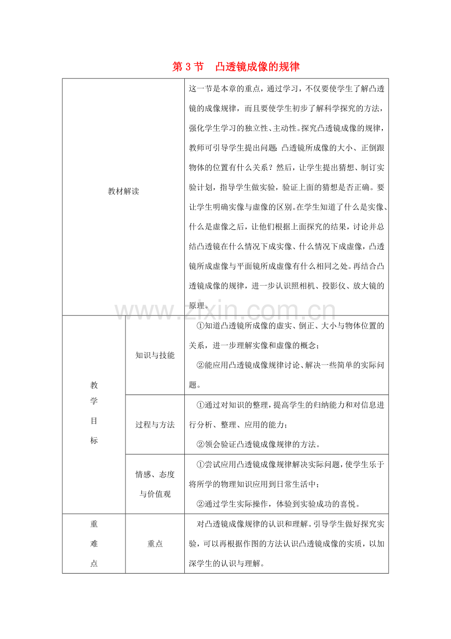 八年级物理上册 5.3凸透镜成像的规律教学设计 （新版）新人教版-（新版）新人教版初中八年级上册物理教案.doc_第1页